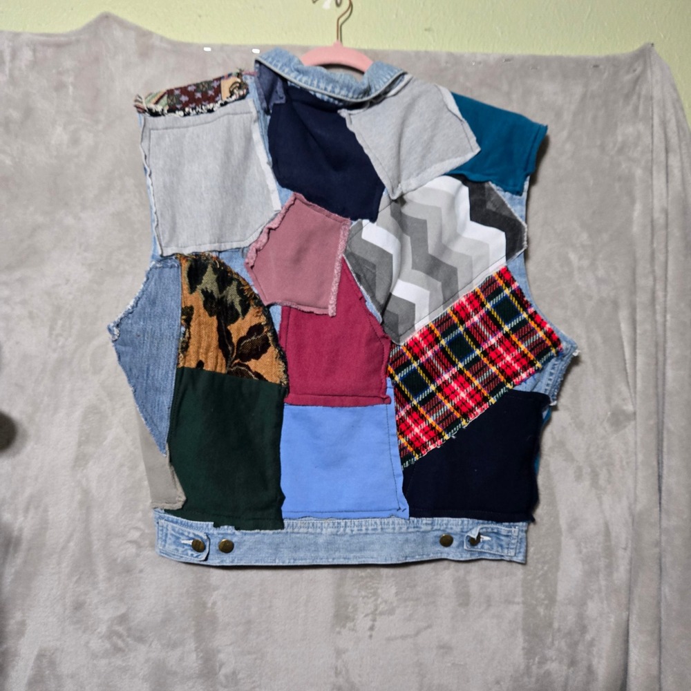 Vintage Style Handmade Patchwork Denim Vest OFAK M‎ Colorful Boho  Y2kJacket - Picture 4 of 9